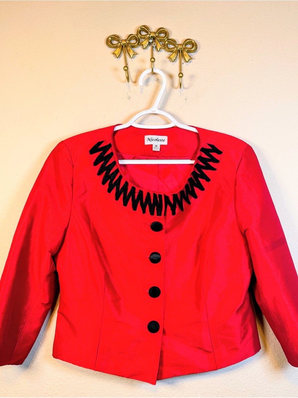 Nicolette Red Cropped Blazer with Black Zigzag Trim Size 10